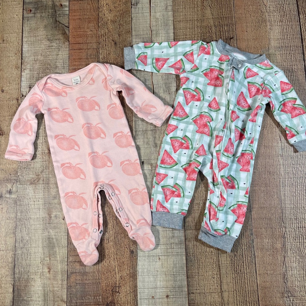 Kate Quinn Burt's Bees Baby Organic Cotton Fruit Sleepers Peach Watermelon Lot